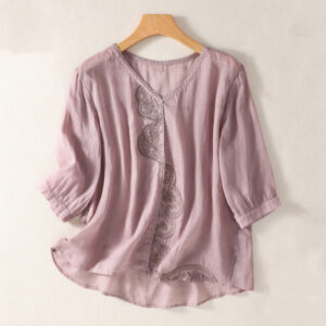 Buddha Stones Casual Embroidered Pattern Women's V-neck Design Half Sleeve Cotton Linen T-shirt - Plum - US14，UK/AU18，EU46 (2XL) - image 1