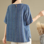 Buddha Stones Casual Retro Striped Women's Half Sleeve Cotton Linen T-shirt - image 10
