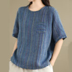 Buddha Stones Casual Retro Striped Women's Half Sleeve Cotton Linen T-shirt - image 2