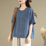 Buddha Stones Casual Retro Striped Women's Half Sleeve Cotton Linen T-shirt - image 5