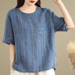 Buddha Stones Casual Retro Striped Women's Half Sleeve Cotton Linen T-shirt - image 3