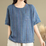 Buddha Stones Casual Retro Striped Women's Half Sleeve Cotton Linen T-shirt - image 9