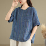 Buddha Stones Casual Retro Striped Women's Half Sleeve Cotton Linen T-shirt - SteelBlue - US12，UK/AU16，EU44 (2XL) - image 1
