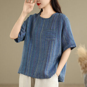 Buddha Stones Casual Retro Striped Women's Half Sleeve Cotton Linen T-shirt - SteelBlue - US12，UK/AU16，EU44 (2XL) - image 1