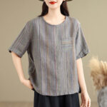 Buddha Stones Casual Retro Striped Women's Half Sleeve Cotton Linen T-shirt - image 12