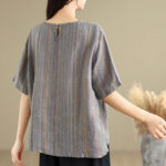 Buddha Stones Casual Retro Striped Women's Half Sleeve Cotton Linen T-shirt - image 14