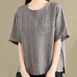 Buddha Stones Casual Retro Striped Women's Half Sleeve Cotton Linen T-shirt - SlateGray - US12，UK/AU16，EU44 (2XL) - image 11