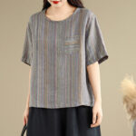 Buddha Stones Casual Retro Striped Women's Half Sleeve Cotton Linen T-shirt - image 13