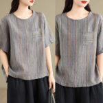 Buddha Stones Casual Retro Striped Women's Half Sleeve Cotton Linen T-shirt - image 15