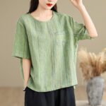 Buddha Stones Casual Retro Striped Women's Half Sleeve Cotton Linen T-shirt - DarkSeaGreen - US12，UK/AU16，EU44 (2XL) - image 16