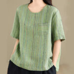Buddha Stones Casual Retro Striped Women's Half Sleeve Cotton Linen T-shirt - image 17