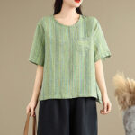 Buddha Stones Casual Retro Striped Women's Half Sleeve Cotton Linen T-shirt - image 18