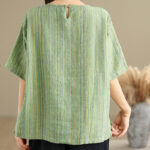 Buddha Stones Casual Retro Striped Women's Half Sleeve Cotton Linen T-shirt - image 21