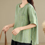 Buddha Stones Casual Retro Striped Women's Half Sleeve Cotton Linen T-shirt - image 20