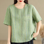 Buddha Stones Casual Retro Striped Women's Half Sleeve Cotton Linen T-shirt - image 19