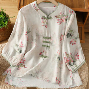 Buddha Stones Casual Printing Floral Plain Chinese Frog-Button Women's Cotton Shirt - White - US12，UK/AU16，EU44 (2XL) - image 1