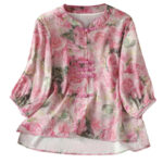 Buddha Stones Casual Printing Floral Plain Chinese Frog-Button Women's Cotton Shirt - image 15
