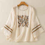 Buddha Stones Retro Embroidery Floral Three Quarter Sleeve Women's Cotton T-Shirt - Beige - US14，UK/AU18，EU46 (2XL) - image 1