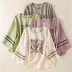Buddha Stones Retro Embroidery Floral Three Quarter Sleeve Women's Cotton T-Shirt - image 32
