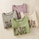 Buddha Stones Retro Embroidery Floral Three Quarter Sleeve Women's Cotton T-Shirt - image 33