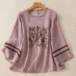 Buddha Stones Retro Embroidery Floral Three Quarter Sleeve Women's Cotton T-Shirt - RosyBrown - US14，UK/AU18，EU46 (2XL) - image 24