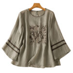 Buddha Stones Retro Embroidery Floral Three Quarter Sleeve Women's Cotton T-Shirt - image 16