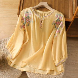 Buddha Stones Vintage Embroidery Button Notched Neck Women's Cotton Shirt - Gold - US12，UK/AU16，EU44 (2XL) - image 1