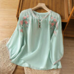 Buddha Stones Vintage Embroidery Button Notched Neck Women's Cotton Shirt - Aquamarine - US12，UK/AU16，EU44 (2XL) - image 25