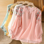 Buddha Stones Vintage Embroidery Button Notched Neck Women's Cotton Shirt - image 31