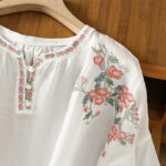 Buddha Stones Vintage Embroidery Button Notched Neck Women's Cotton Shirt - image 20