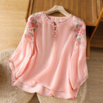 Buddha Stones Vintage Embroidery Button Notched Neck Women's Cotton Shirt - LightSalmon - US12，UK/AU16，EU44 (2XL) - image 8