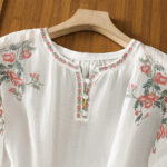 Buddha Stones Vintage Embroidery Button Notched Neck Women's Cotton Shirt - image 18