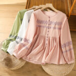 Buddha Stones Casual Embroidery Pleated Buttons Long Lantern Sleeve Women's Cotton Shirt - image 30