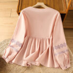 Buddha Stones Casual Embroidery Pleated Buttons Long Lantern Sleeve Women's Cotton Shirt - image 11