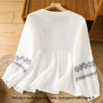 Buddha Stones Casual Embroidery Pleated Buttons Long Lantern Sleeve Women's Cotton Shirt - image 2