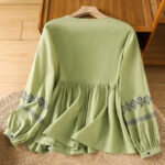 Buddha Stones Casual Embroidery Pleated Buttons Long Lantern Sleeve Women's Cotton Shirt - image 21