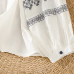 Buddha Stones Casual Embroidery Pleated Buttons Long Lantern Sleeve Women's Cotton Shirt - image 8