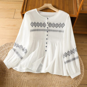 Buddha Stones Casual Embroidery Pleated Buttons Long Lantern Sleeve Women's Cotton Shirt - White - US12，UK/AU16，EU44 (2XL) - image 1