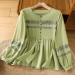 Buddha Stones Casual Embroidery Pleated Buttons Long Lantern Sleeve Women's Cotton Shirt - YellowGreen - US12，UK/AU16，EU44 (2XL) - image 20