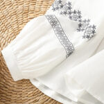 Buddha Stones Casual Embroidery Pleated Buttons Long Lantern Sleeve Women's Cotton Shirt - image 7