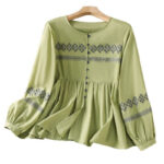 Buddha Stones Casual Embroidery Pleated Buttons Long Lantern Sleeve Women's Cotton Shirt - image 29