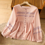 Buddha Stones Casual Embroidery Pleated Buttons Long Lantern Sleeve Women's Cotton Shirt - LightSalmon - US12，UK/AU16，EU44 (2XL) - image 10