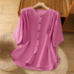Buddha Stones Casual Plain Buttons Half Sleeve Women's Cotton Linen Shirt With Pocket - DeepPink - US8-10，UK/AU12-14，EU40-42 (2XL) - image 36