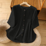 Buddha Stones Casual Plain Buttons Half Sleeve Women's Cotton Linen Shirt With Pocket - Black - US8-10，UK/AU12-14，EU40-42 (2XL) - image 10