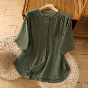 Buddha Stones Casual Plain Buttons Half Sleeve Women's Cotton Linen Shirt With Pocket - DarkGreen - US8-10，UK/AU12-14，EU40-42 (2XL) - image 1