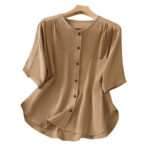 Buddha Stones Casual Plain Buttons Half Sleeve Women's Cotton Linen Shirt With Pocket - image 35