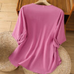 Buddha Stones Casual Plain Buttons Half Sleeve Women's Cotton Linen Shirt With Pocket - image 37