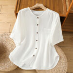 Buddha Stones Casual Plain Buttons Half Sleeve Women's Cotton Linen Shirt With Pocket - White - US8-10，UK/AU12-14，EU40-42 (2XL) - image 18