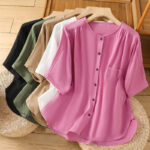 Buddha Stones Casual Plain Buttons Half Sleeve Women's Cotton Linen Shirt With Pocket - image 41