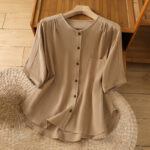 Buddha Stones Casual Plain Buttons Half Sleeve Women's Cotton Linen Shirt With Pocket - Goldenrod - US8-10，UK/AU12-14，EU40-42 (2XL) - image 26